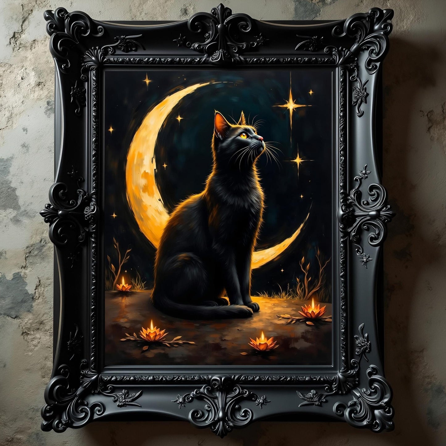 Black Cat Crescent Moon Art Print: Witchy Gothic Wall Decor