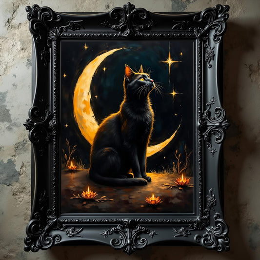 Black Cat Crescent Moon Art Print: Witchy Gothic Wall Decor