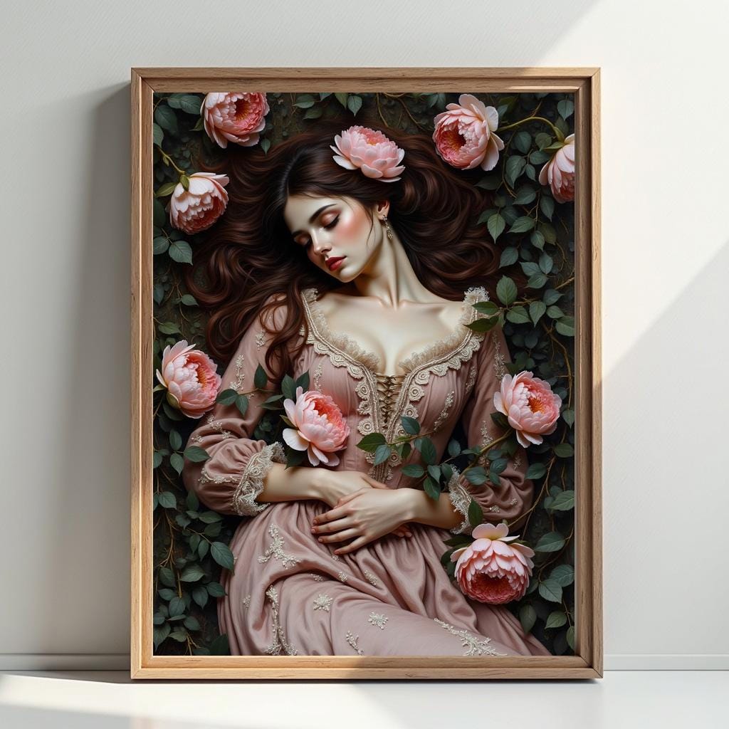 Victorian Woman Laying in a Meadow Art Print: Dark Academia Decor