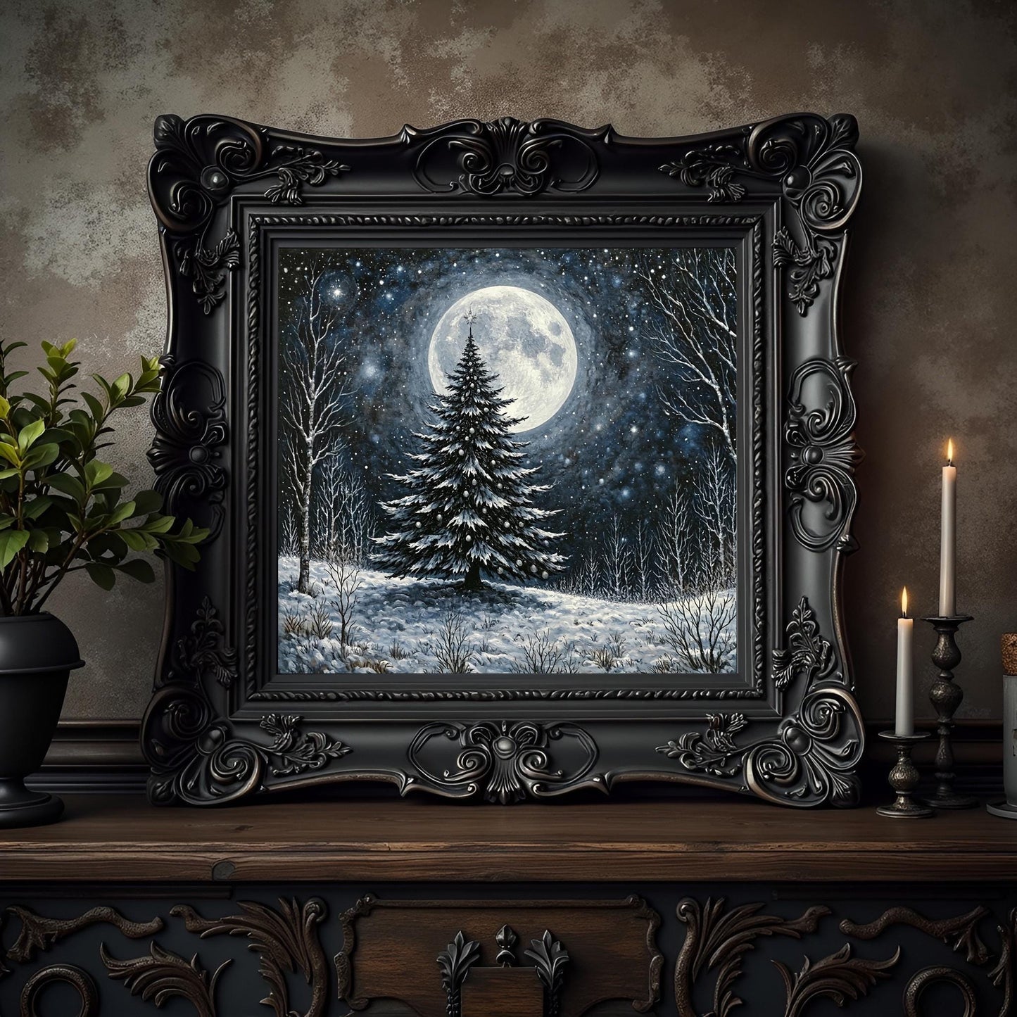 Gothic Christmas Tree Print: Yule Tree Under a Full Moon, Holiday Decor