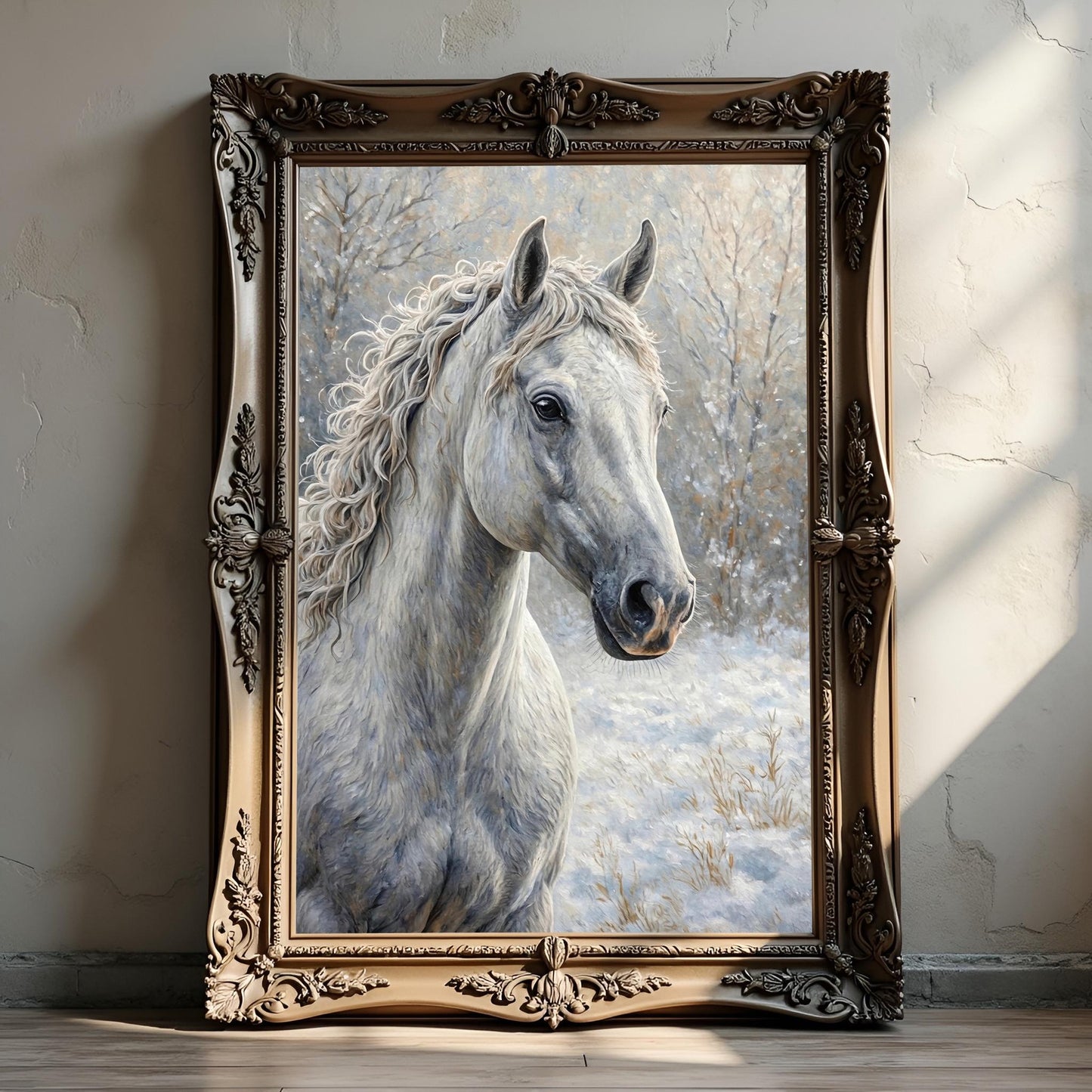 White Horse Portrait Art Print: Winter Snow Scene