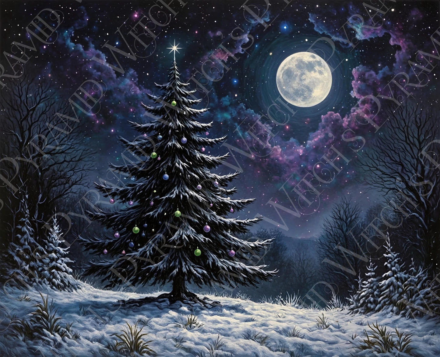 Gothic Full Moon Christmas Tree Print: Celestial Yule, Holiday Decor