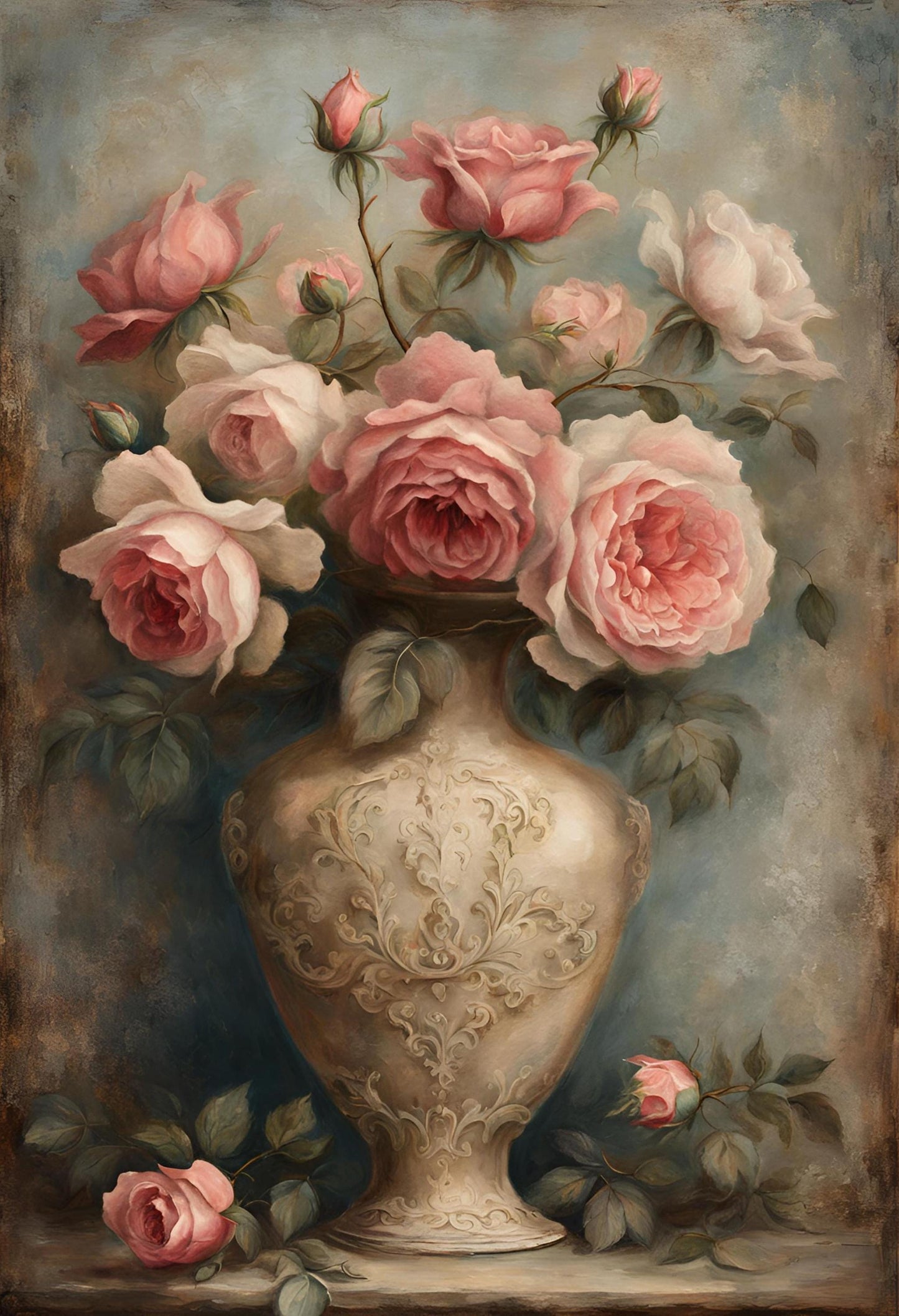 Pink Rose Still Life Art Print: Rococo Botanical Wall Hanging