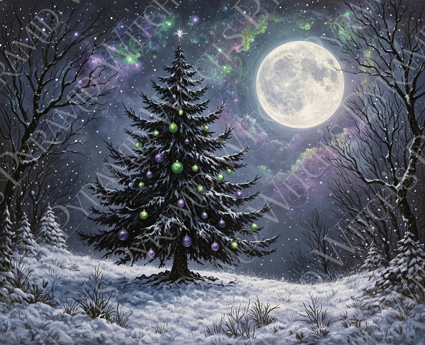 Gothic Full Moon Christmas Tree Print: Celestial Yule, Holiday Decor
