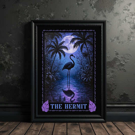 The Hermit Flamingo Tarot Card Art Print: Tropical Goth Home Decor