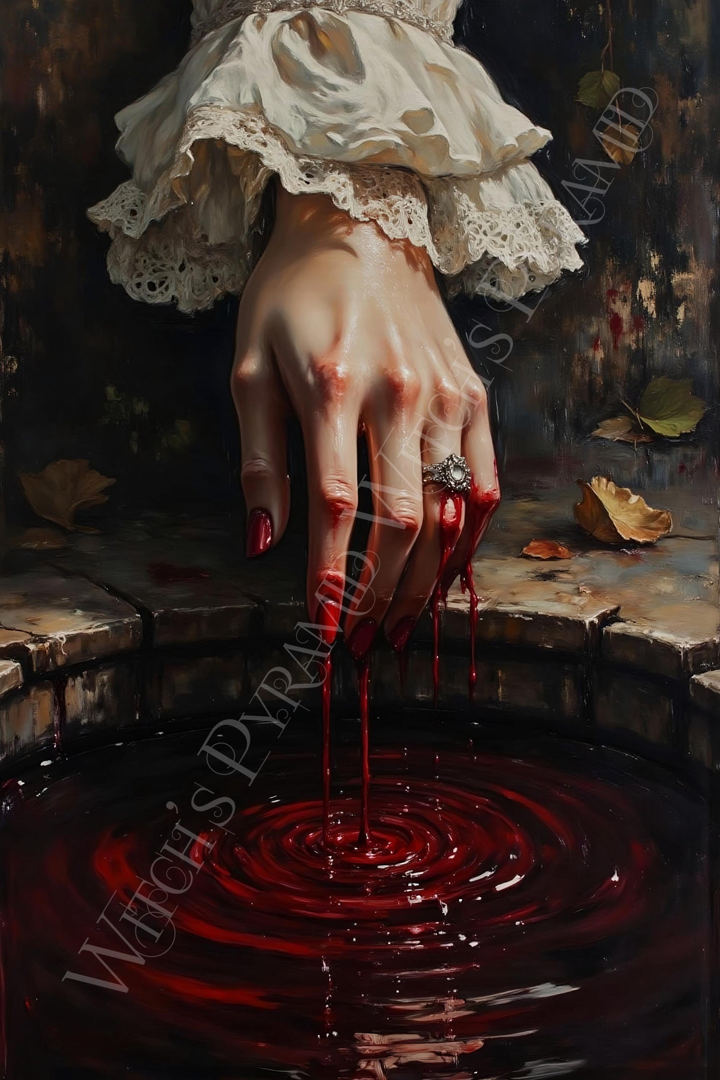 Gothic Woman's Hands Dripping Blood Art Print: Dark Academia Home Decor