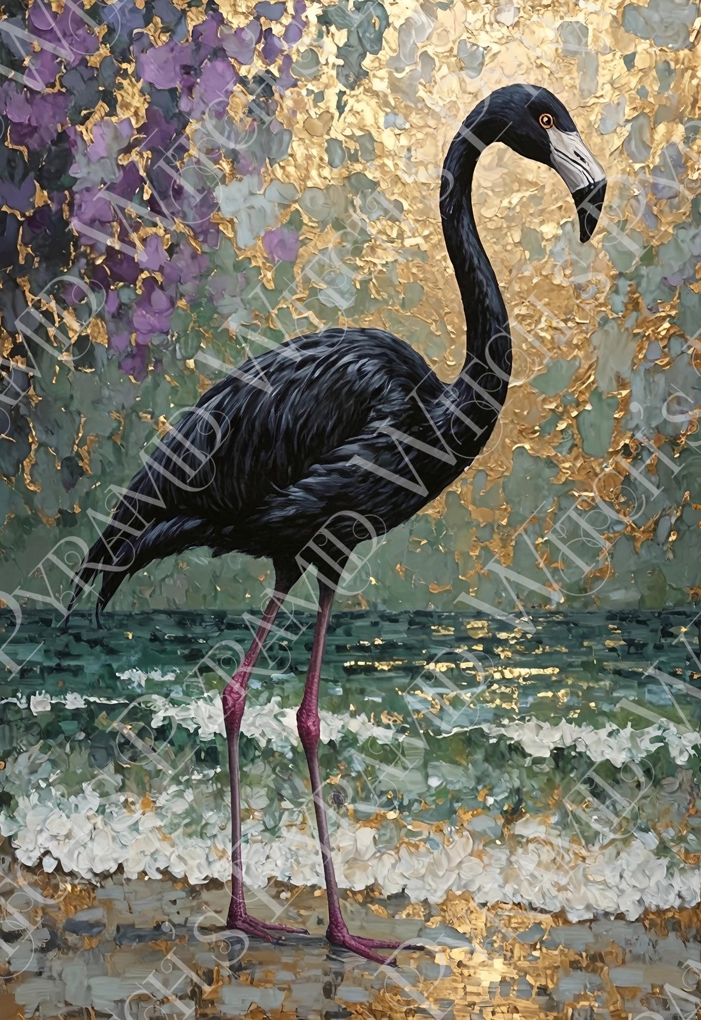 Black Flamingo Abstract Art Print: Purple, Green & Gold Tropical Decor