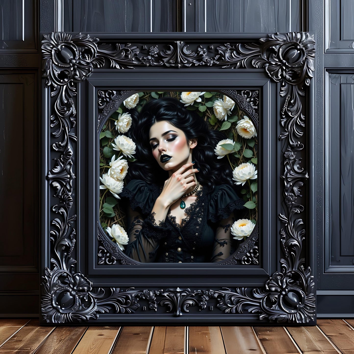 Gothic Woman in White Flowers Art Print: Alternative Goth Victorian Decor