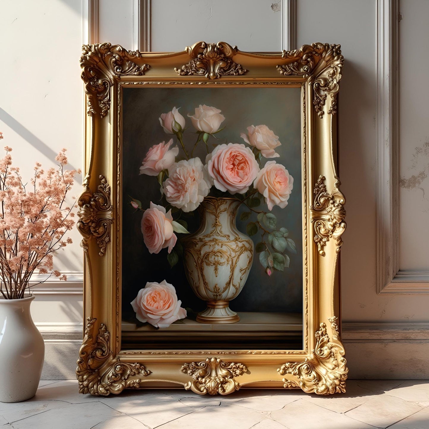 Peach Rose Still Life Art Print: French Rococo Wall Hanging