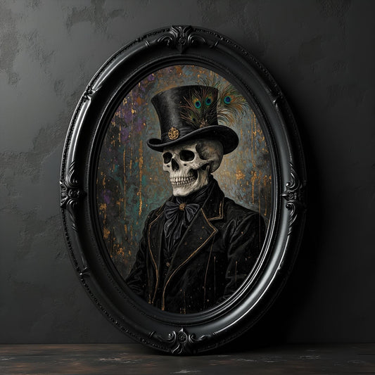 Skeleton Wearing a Top Hat Art Print: Gothic Macabre Decor