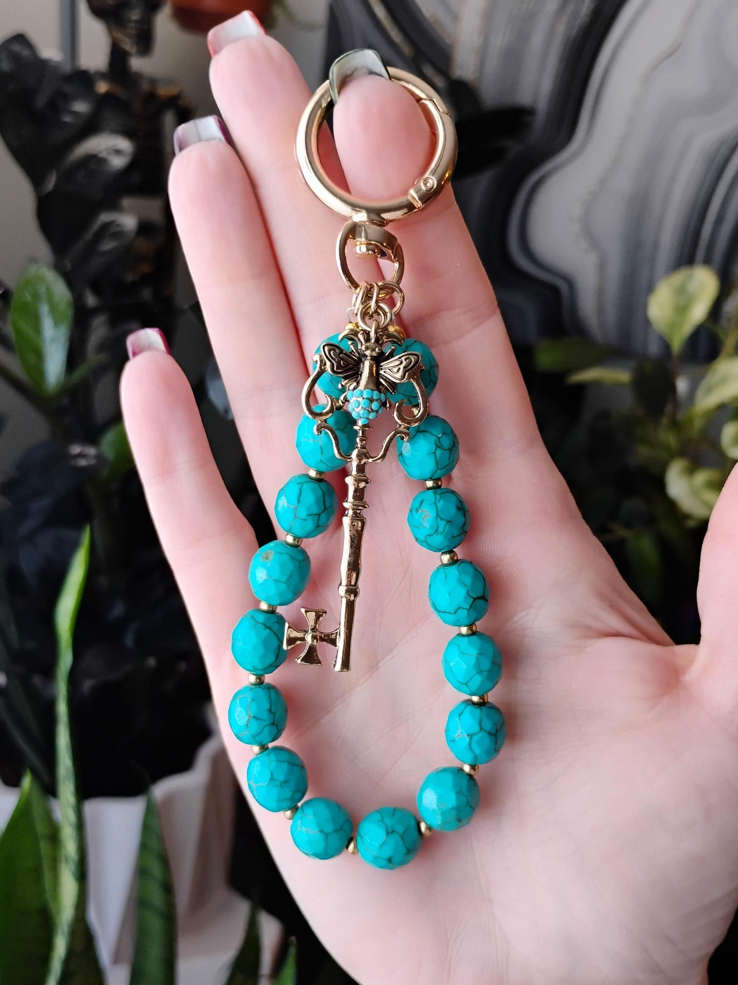 Gold Tone Bee and Key Purse Charm with Faceted Faux Turquoise Stone Beads