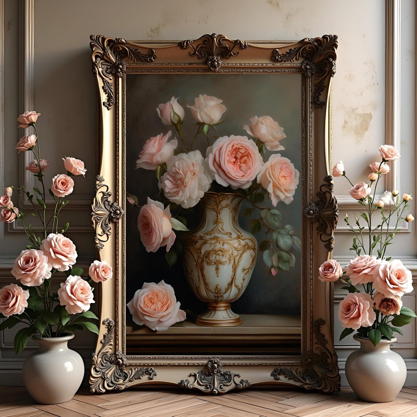 Peach Rose Still Life Art Print: French Rococo Wall Hanging