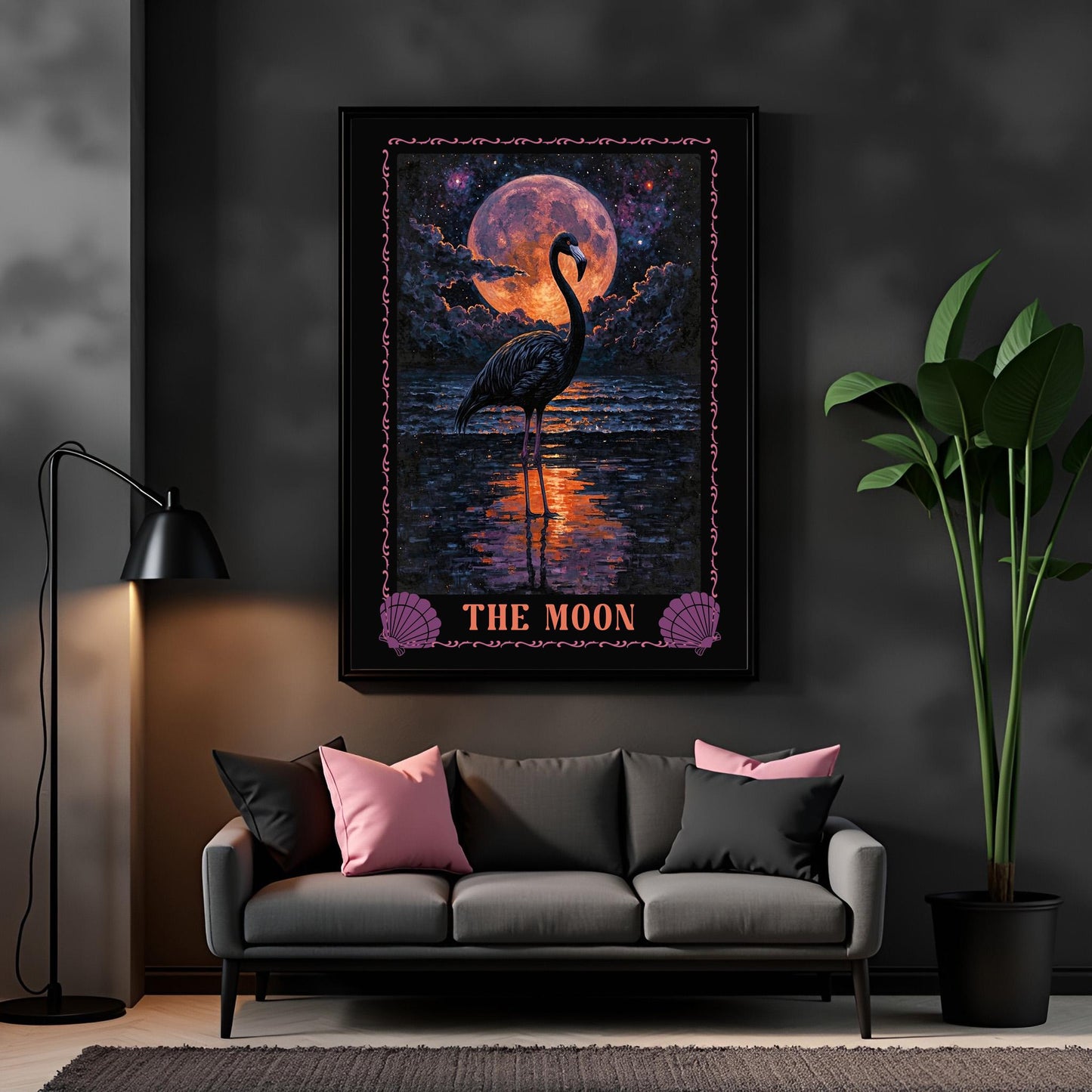 The Moon Flamingo Tarot Card Art Print: Tropical Goth Decor