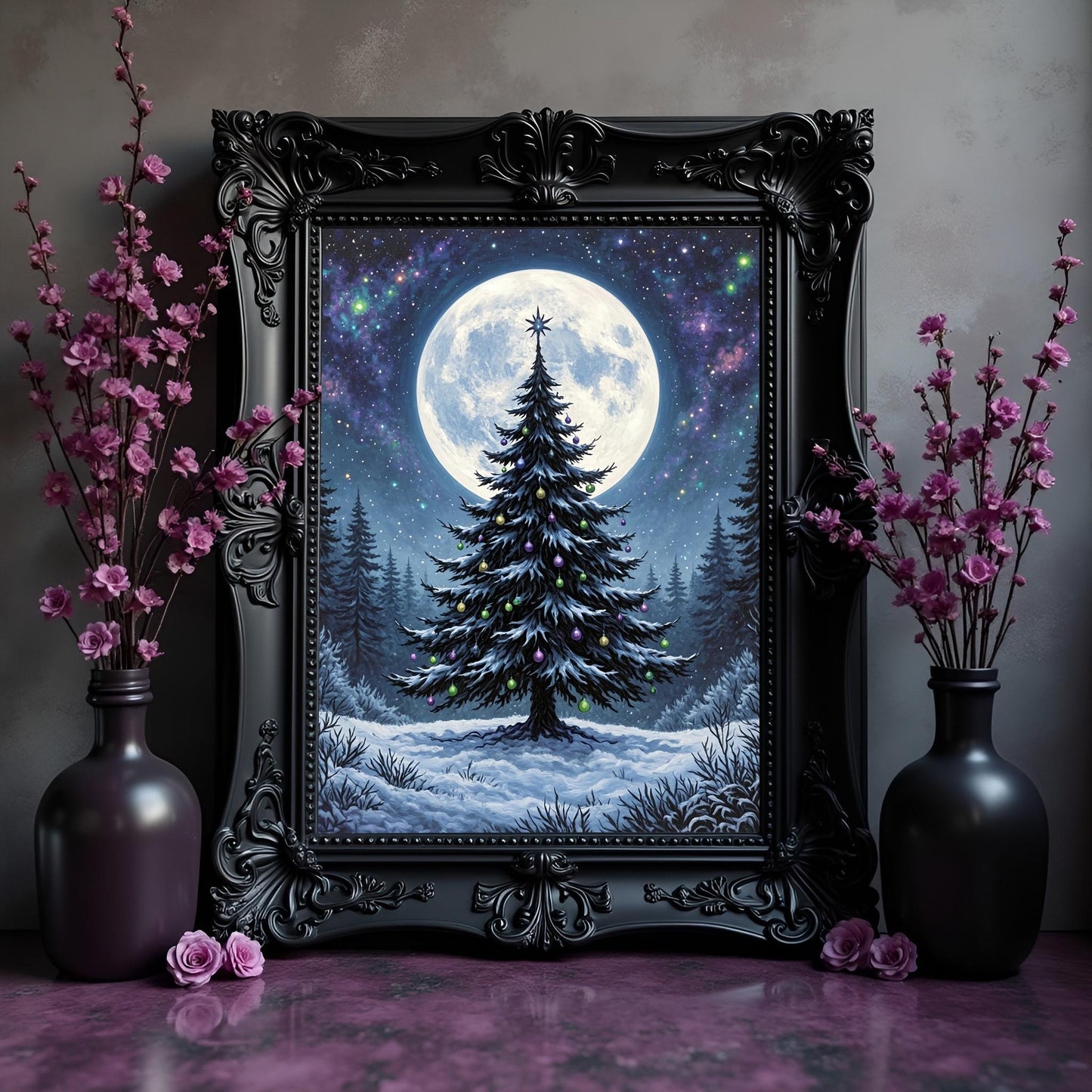 Cosmic Christmas Tree Wall Art: Gothic Purple Yule Tree Print
