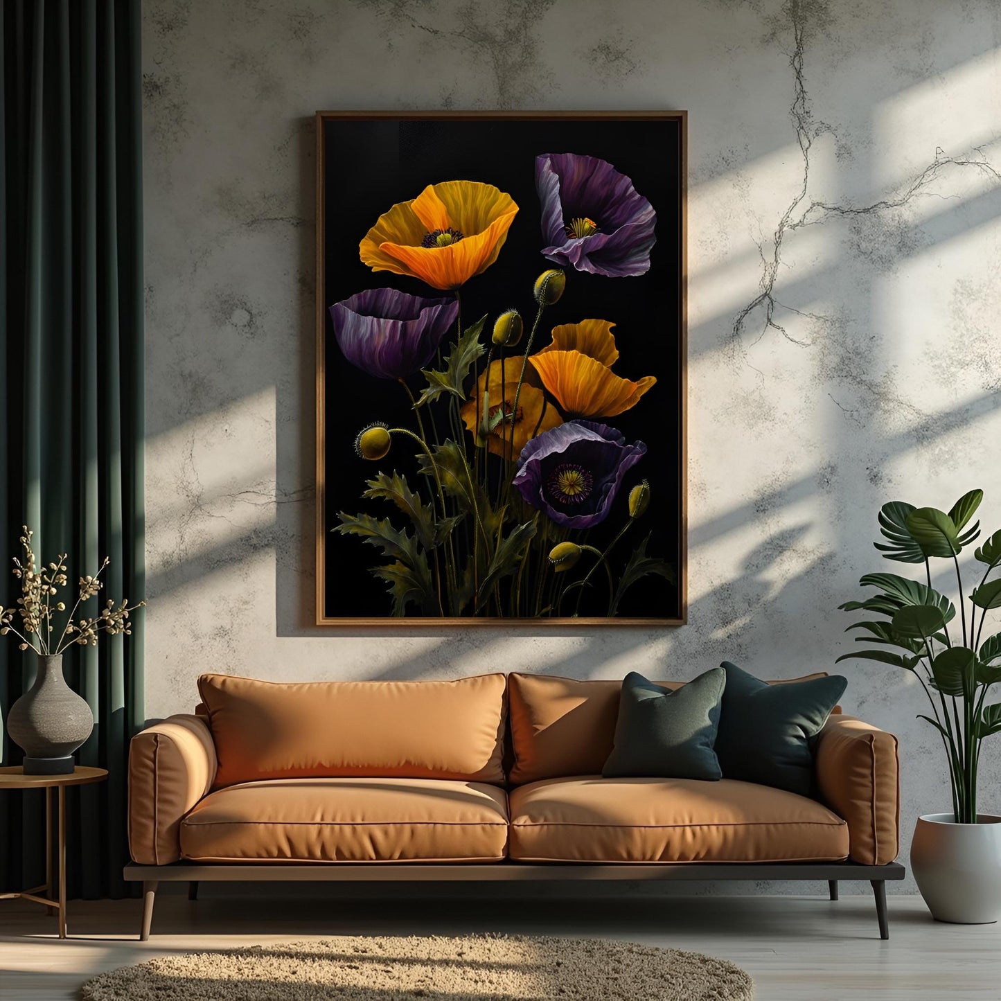Purple & Yellow Poppy Floral Art Print: Dark Botanical Wall Hanging