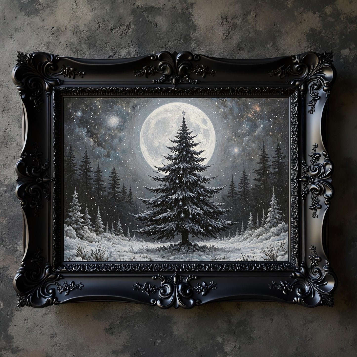 Gothic Christmas Tree Print: Yule Tree Under a Full Moon, Holiday Decor