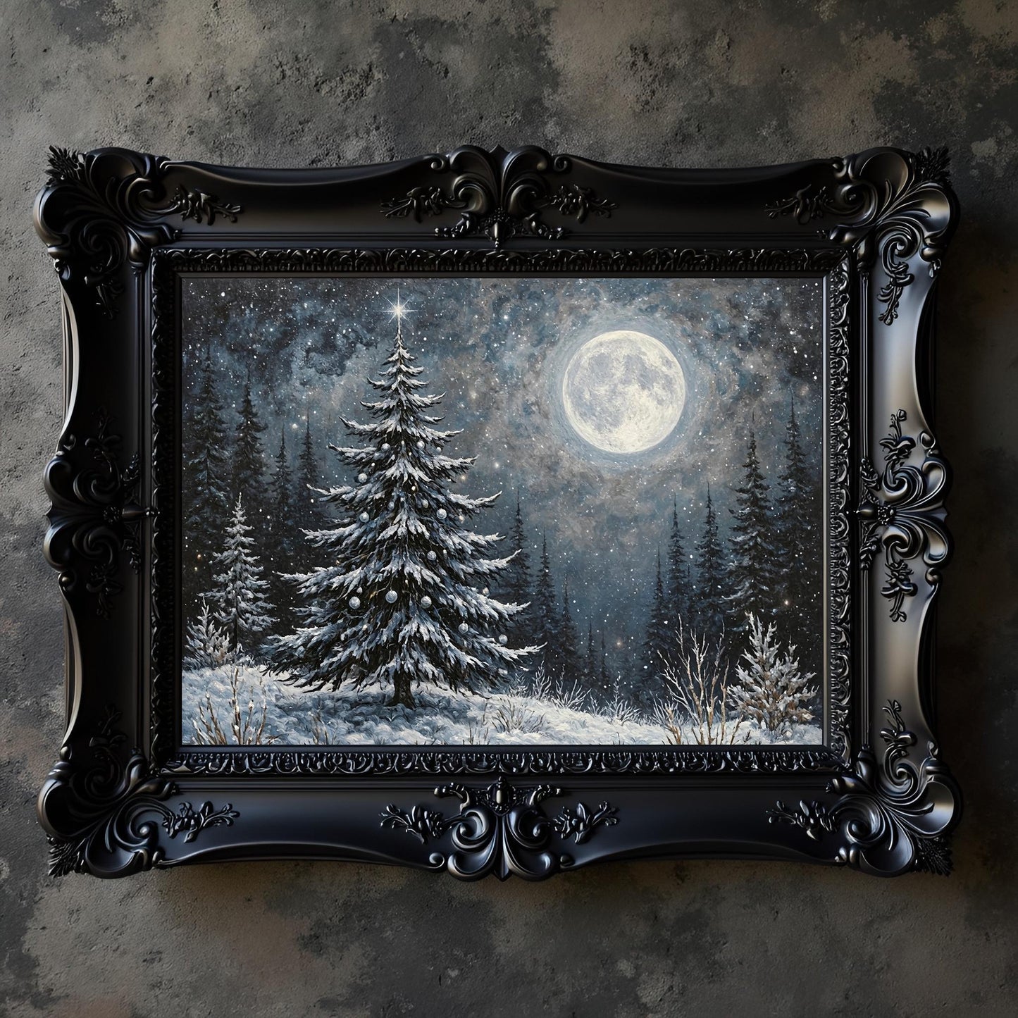 Gothic Christmas Tree Print: Yule Tree Under a Full Moon, Holiday Decor