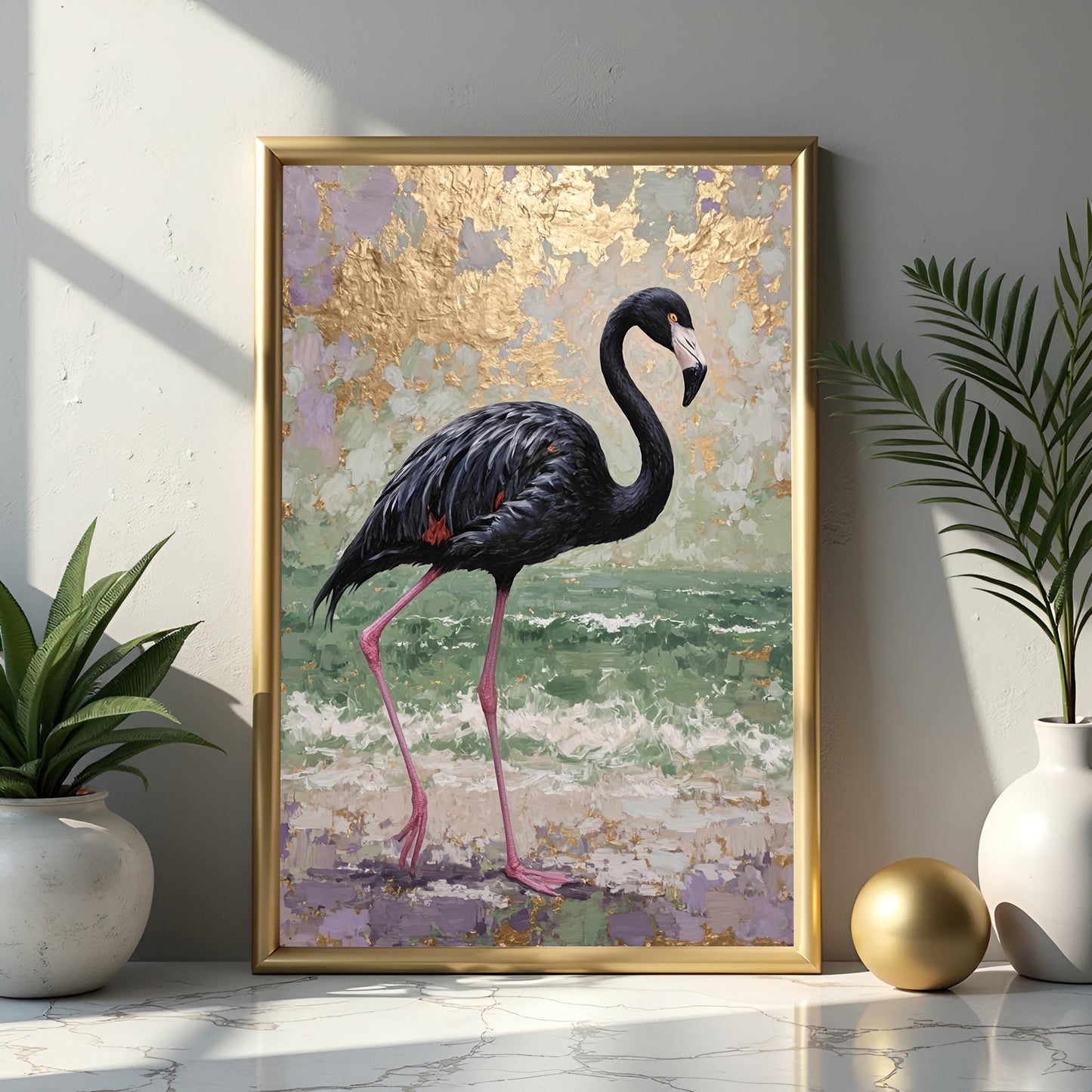 Black Flamingo Abstract Art Print: Purple, Green & Gold Tropical Decor