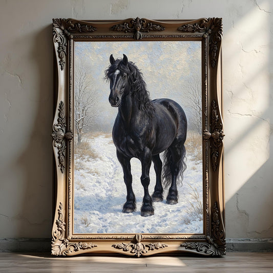Black Horse Portrait Art Print: Winter Snow Scene For Horse Lovers