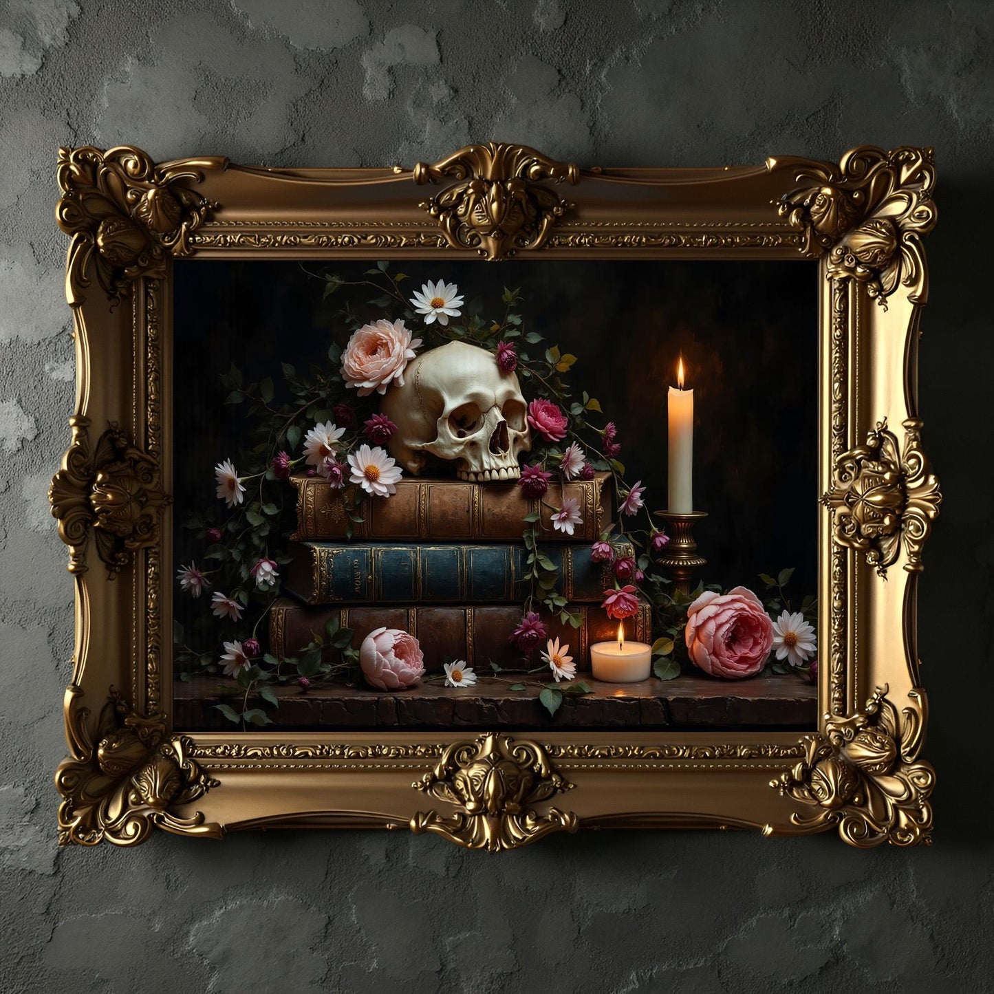 Skull With Books Art Print: Dark Academia Home Decor