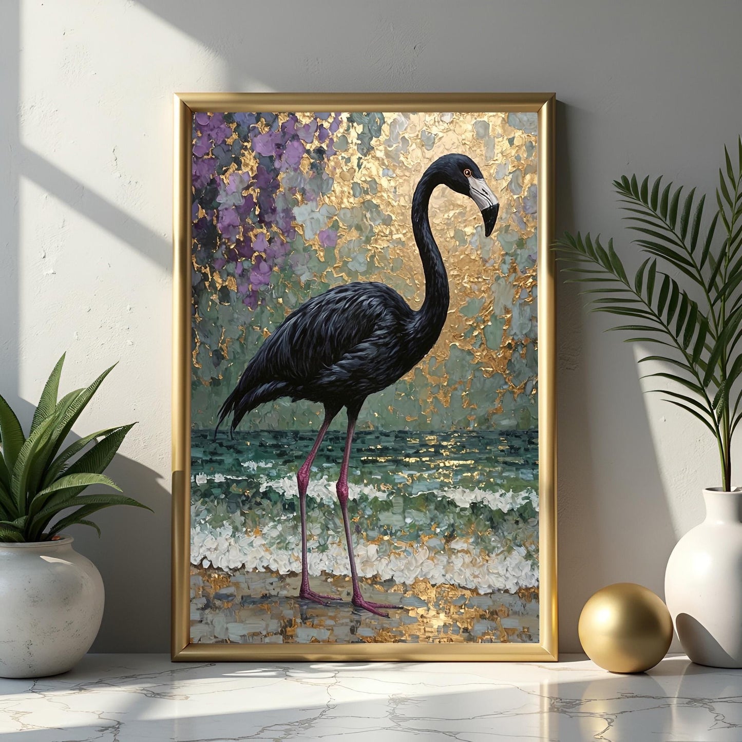 Black Flamingo Abstract Art Print: Purple, Green & Gold Tropical Decor
