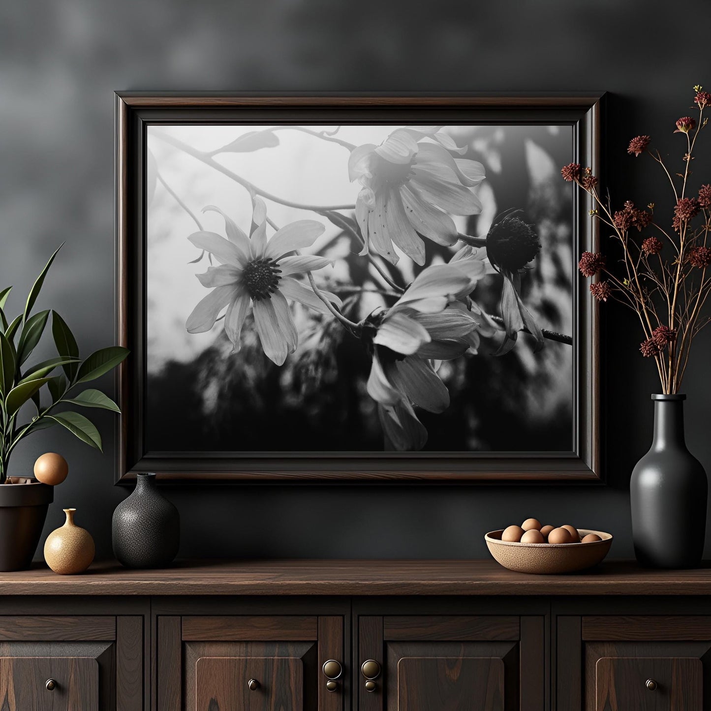 Black and White Floral Photography Print: Dark Botanical Wall Art