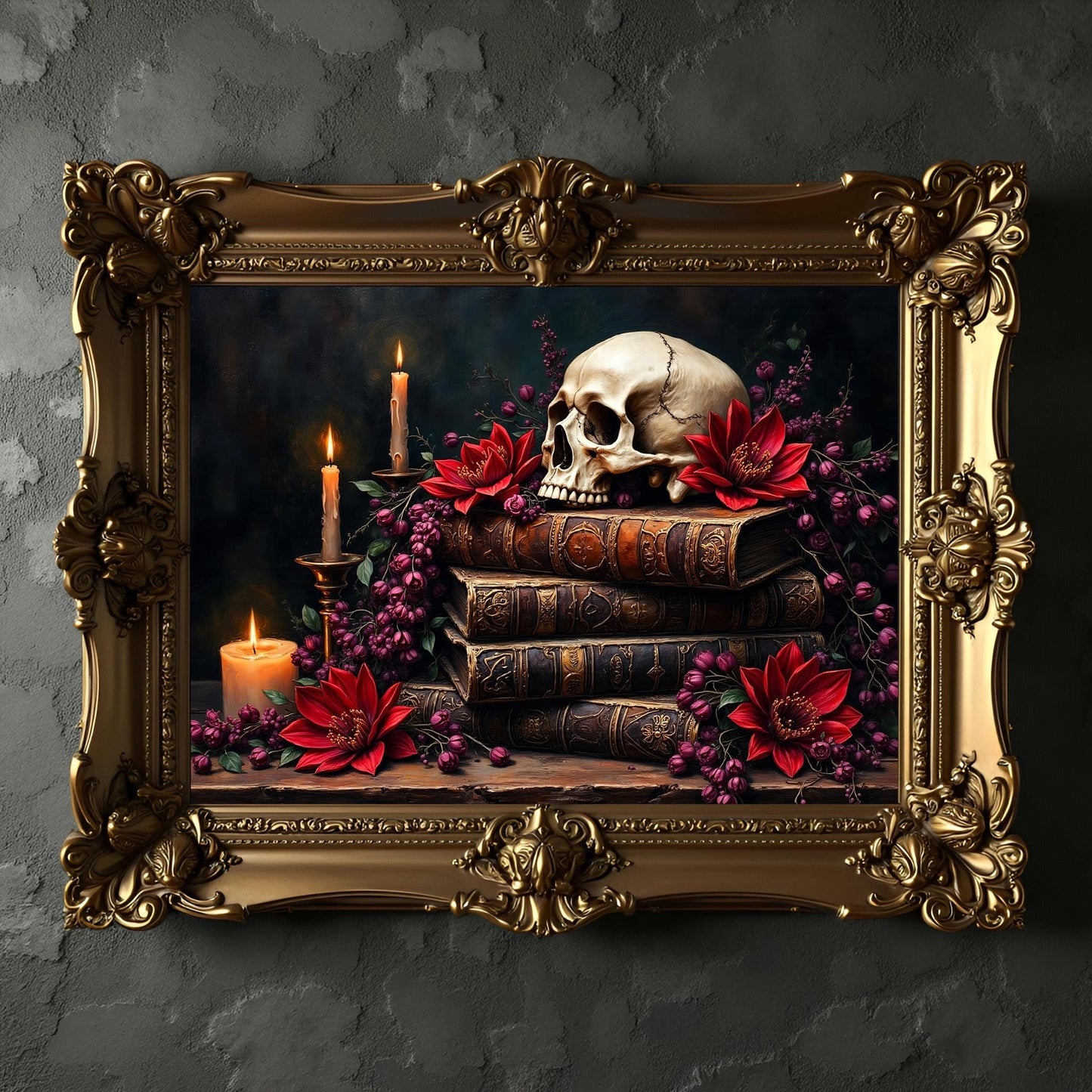 Skull on Books Art Print: Gothic Victorian Home Decor
