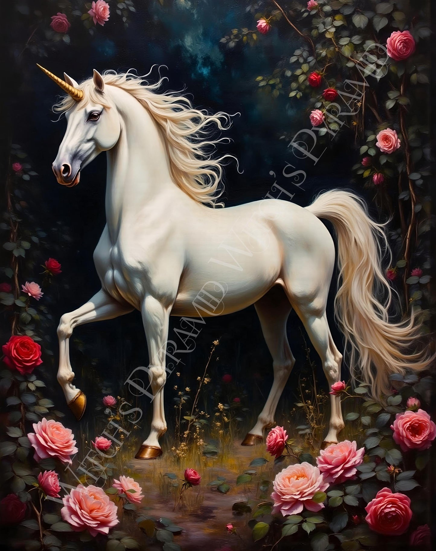 White Unicorn Floral Artwork: Victorian Fantasy Home Decor Print