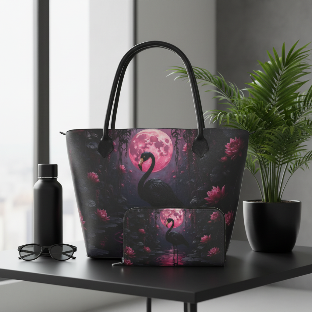 Black Flamingo Tote and Wallet Set - Size Accurate