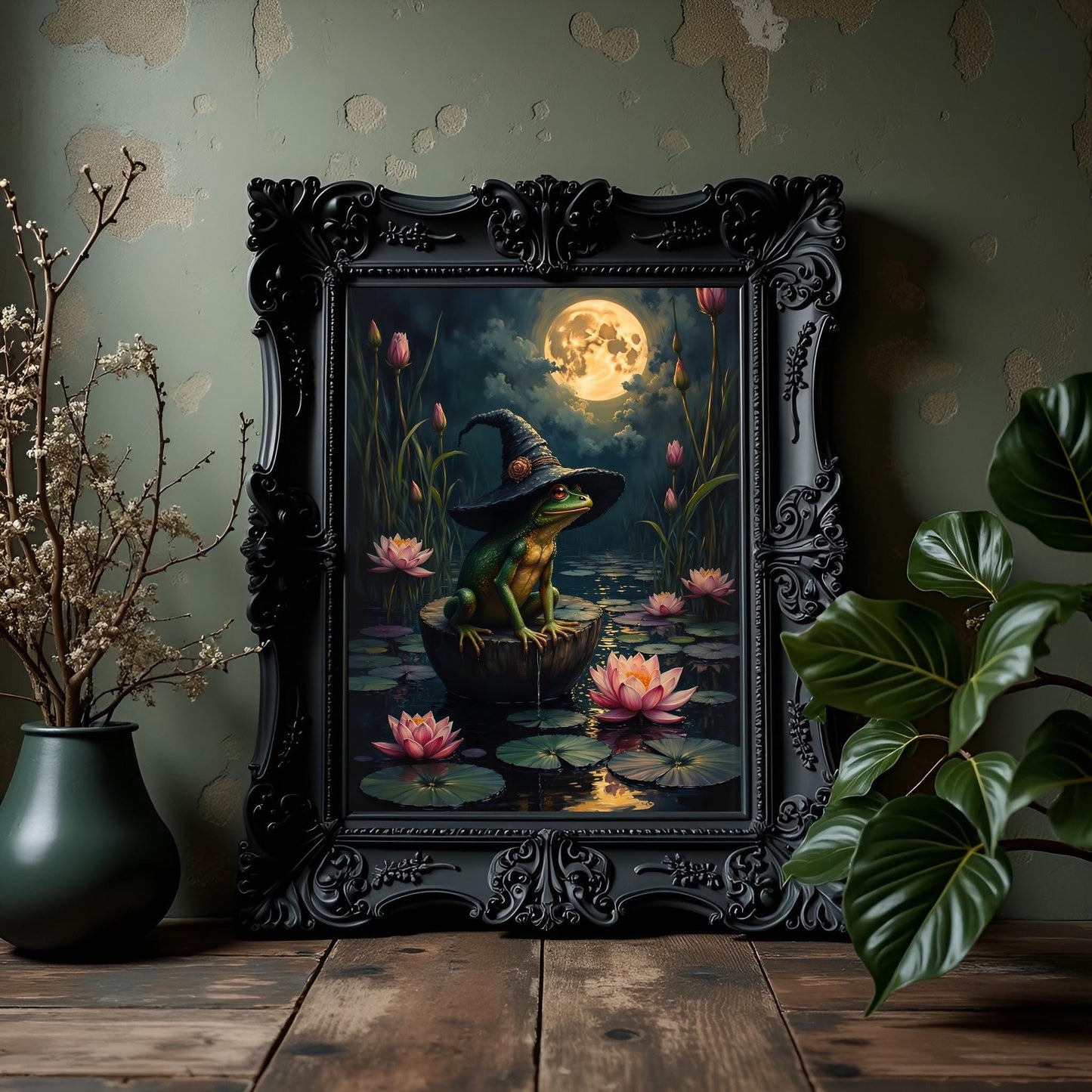 Witchy Frog Art Print: Moonlit Toad with Witch Hat