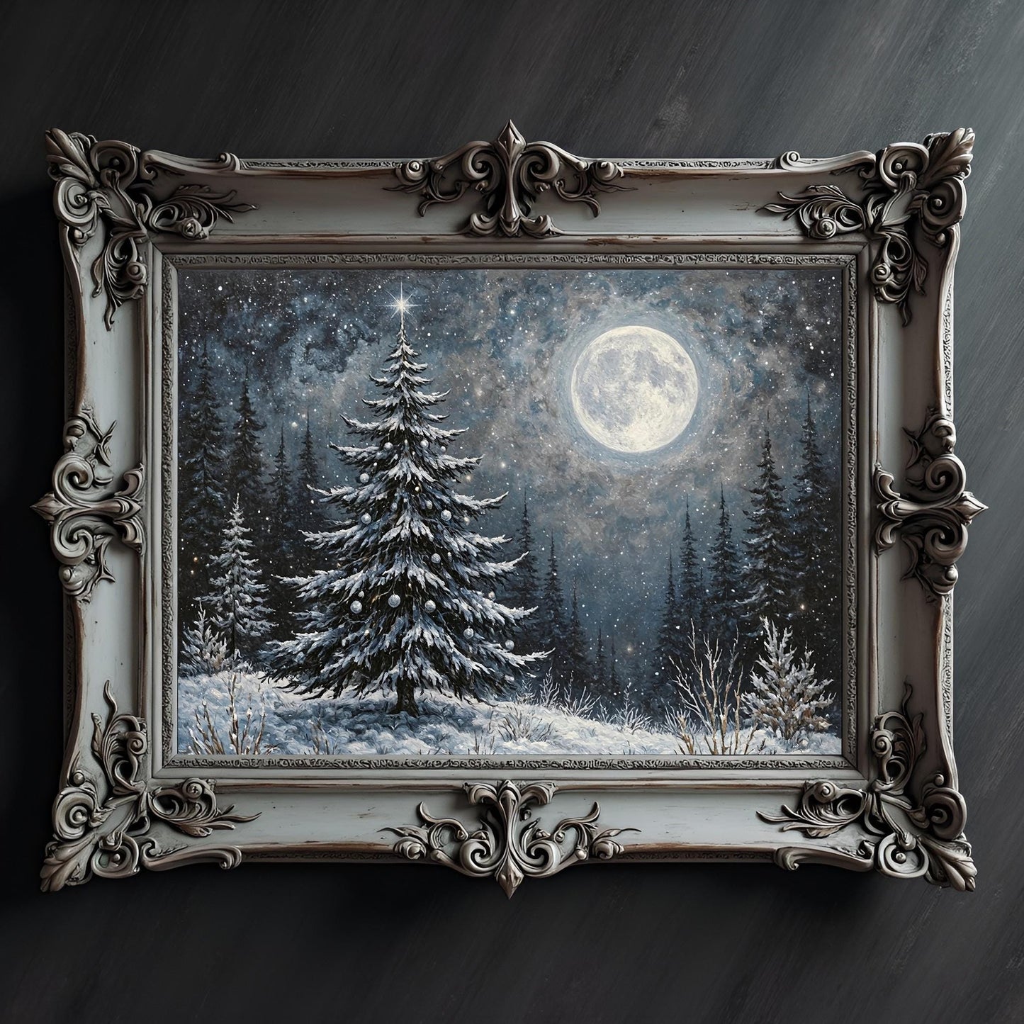 Gothic Christmas Tree Print: Yule Tree Under a Full Moon, Holiday Decor
