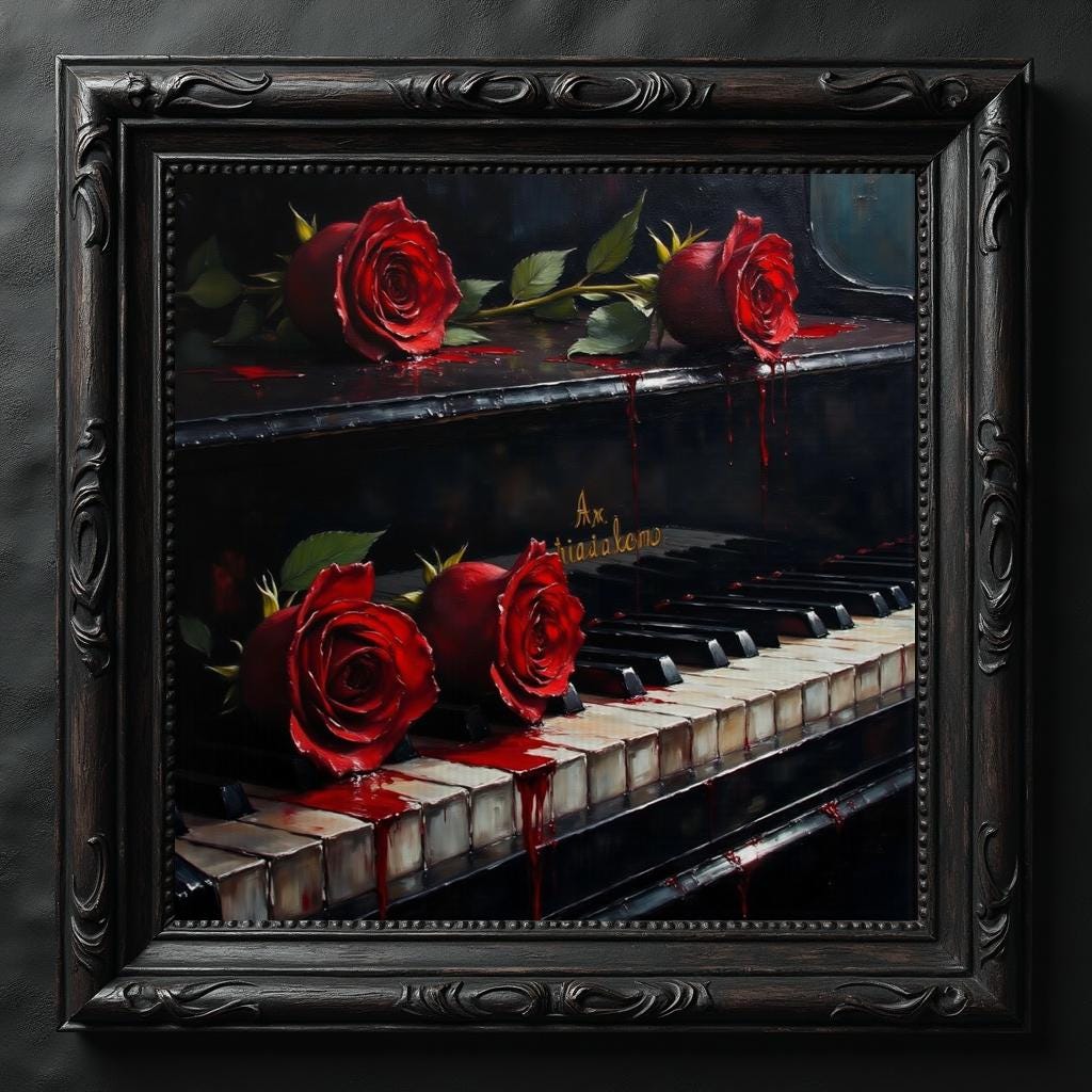 Red Roses on Piano Keys Art Print: Dark Academia Home Decor