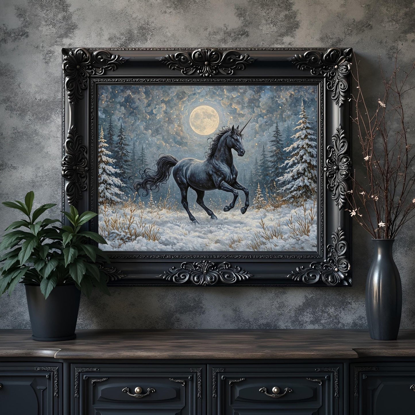 Black Unicorn in a Snowy Moonlit Meadow Art Print: Winter Decor For Unicorn Lovers