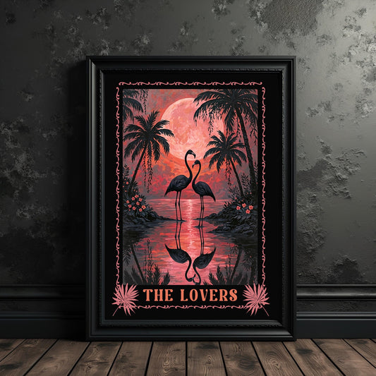 The Lovers Flamingo Tarot Card Art Print: Tropical Goth Decor