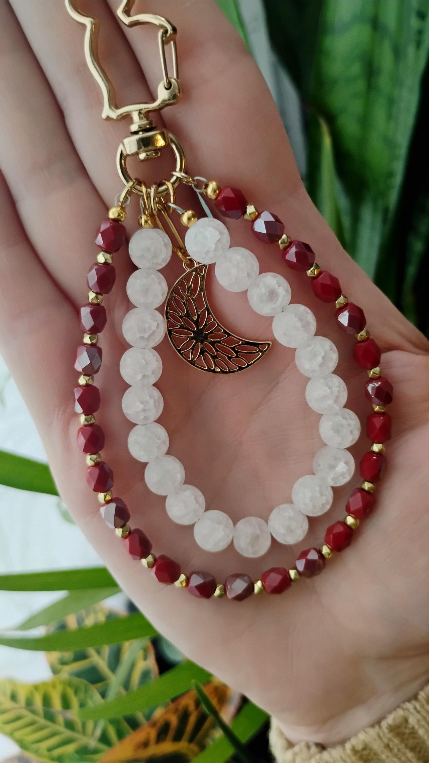 Red & White Cat Bag Charm Purse Jewelry, Crackle Quartz Keychain