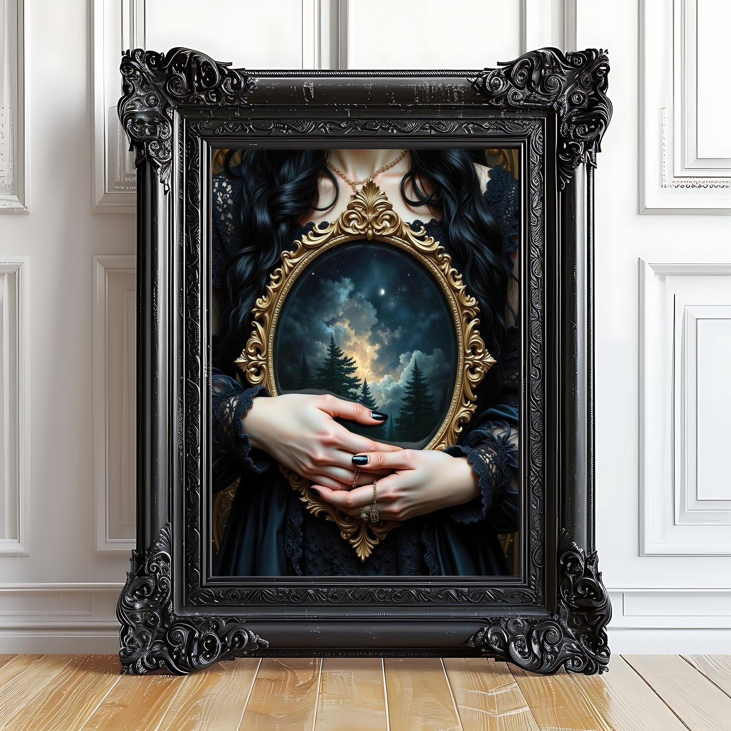 Cosmic Forest Reflections Art Print: Celestial Gothic Decor