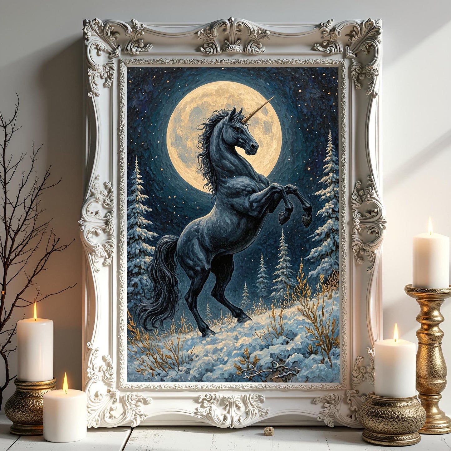 Black Unicorn on a Snowy Moonlit Mountain Art Print: Winter Decor For Unicorn Lovers