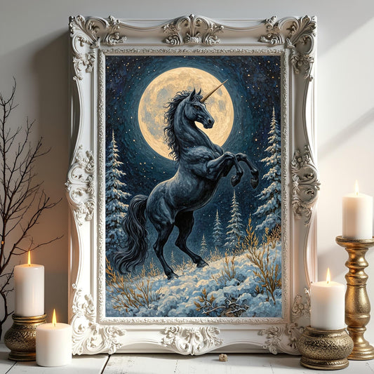 Black Unicorn on a Snowy Moonlit Mountain Art Print: Winter Decor For Unicorn Lovers
