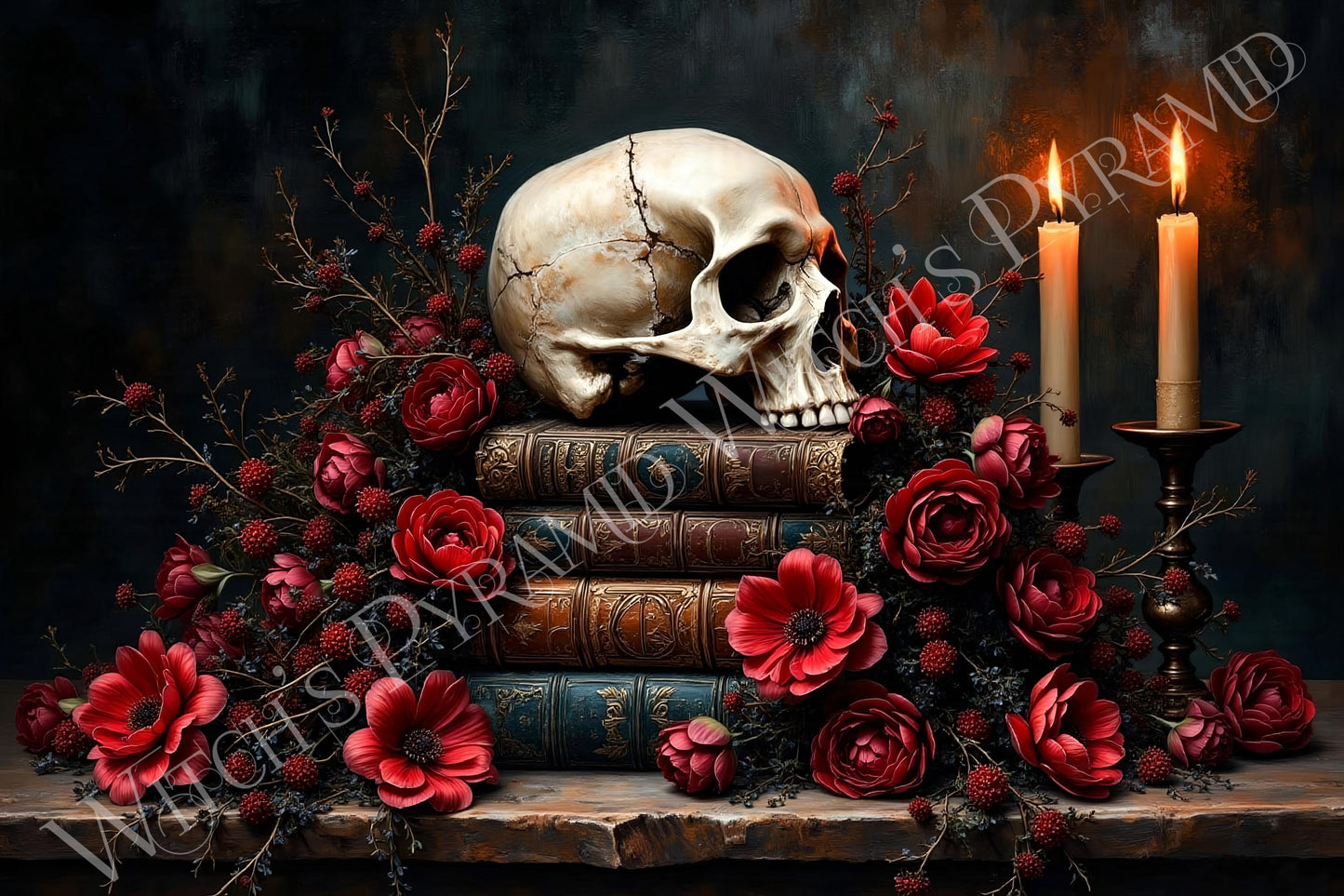 Skull Sitting on Books Art Print: Gothic Dark Academia Home Decor