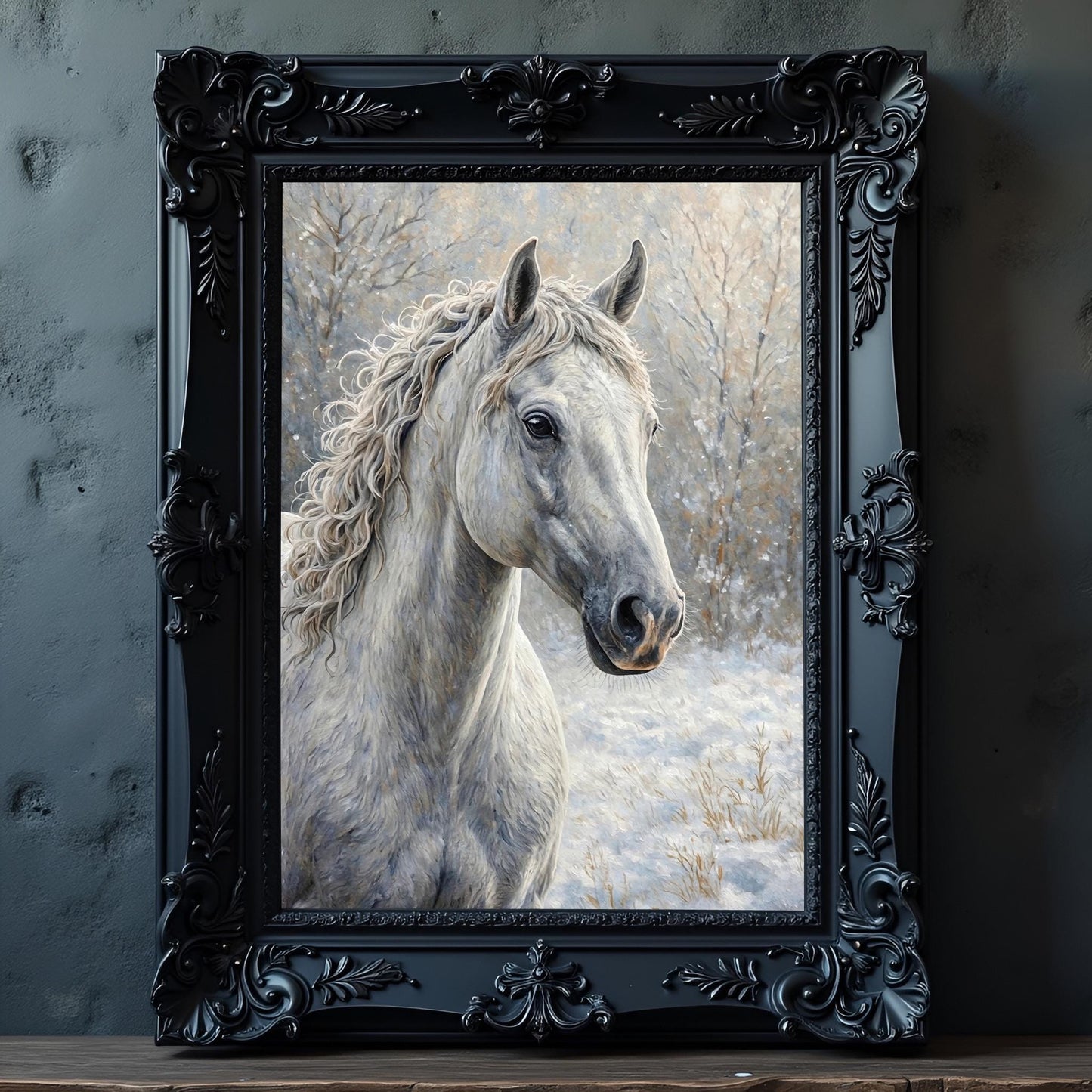 White Horse Portrait Art Print: Winter Snow Scene
