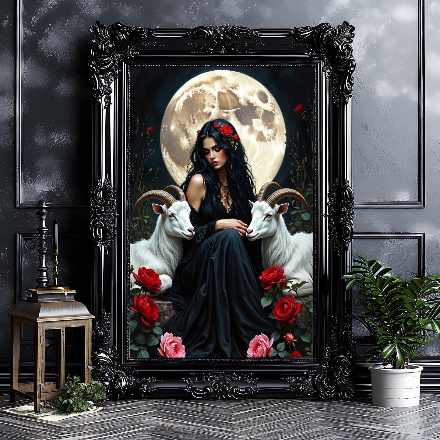 Gothic Woman with Goats Art Print: Alternative Goth, Dark Academia Decor