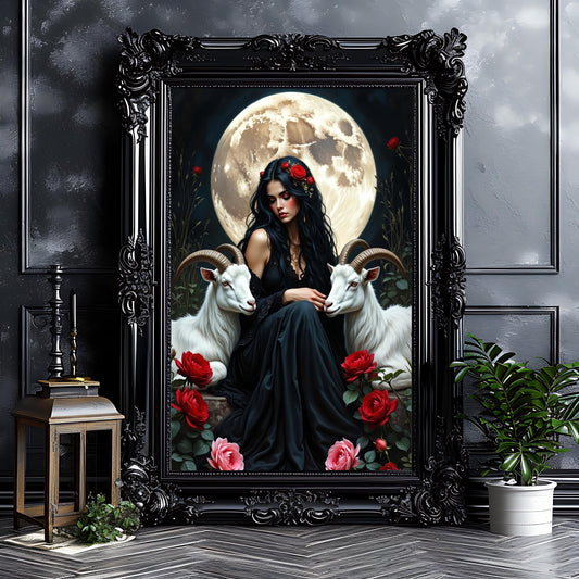 Gothic Woman with Goats Art Print: Alternative Goth, Dark Academia Decor