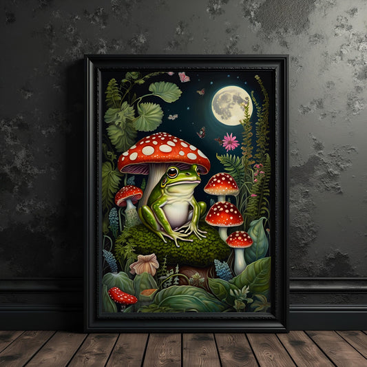 Frog on Mushroom Art Print: Cottagecore Witchy Wall Decor