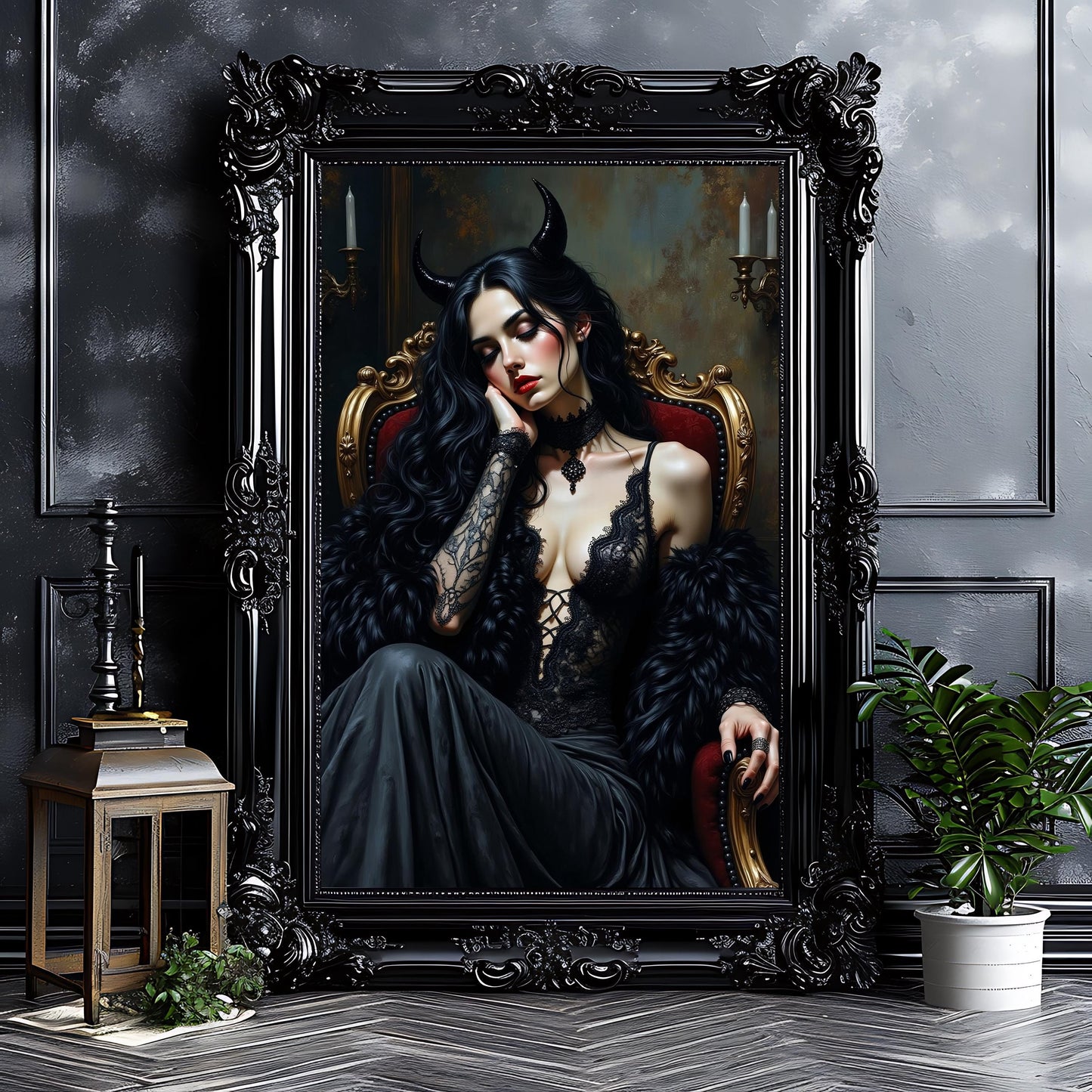 Gothic Woman with Black Horns Art Print: Alternative Art