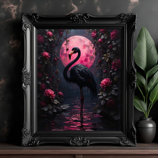 Black Flamingo Art Print: Pink Moon, Dark Tropical Decor