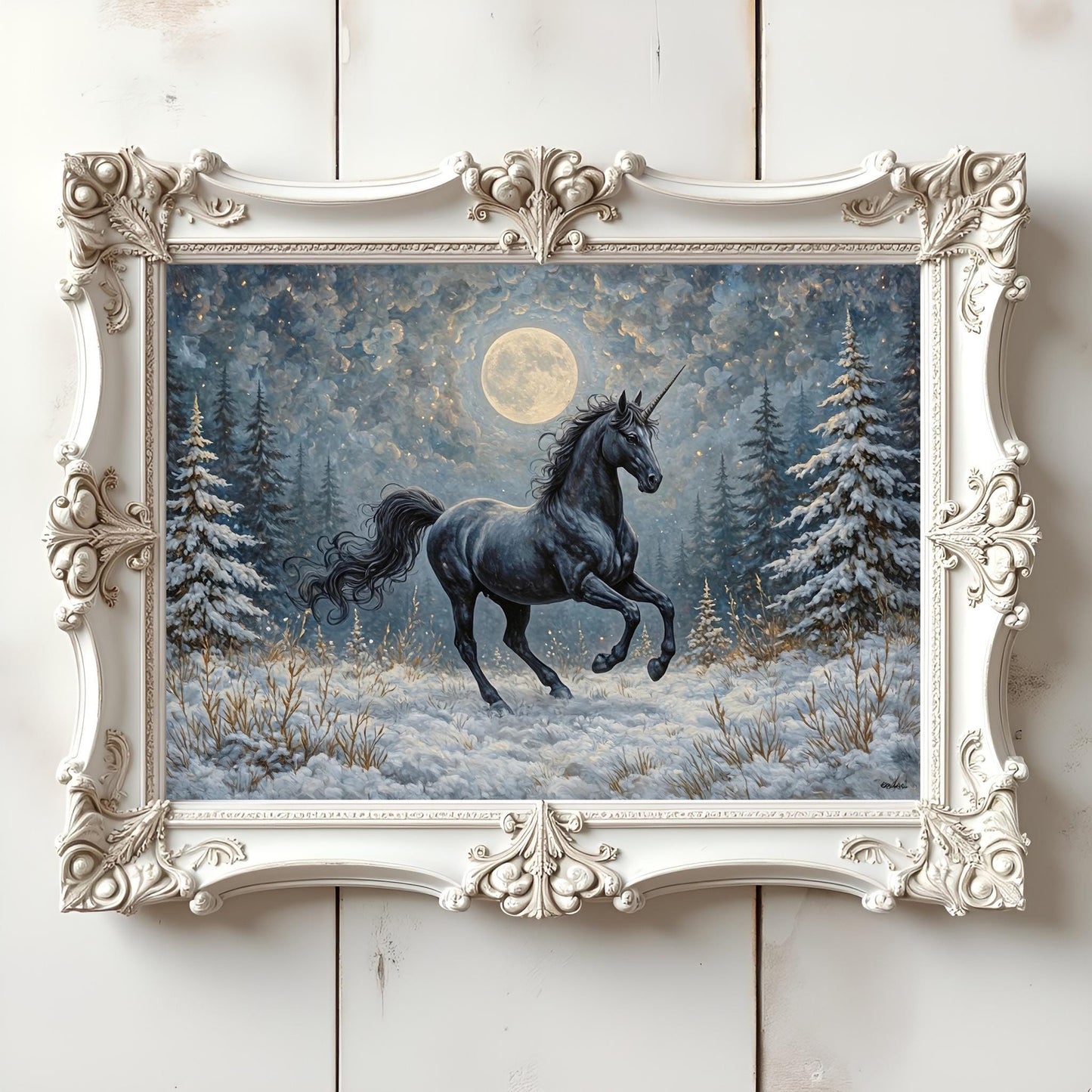 Black Unicorn in a Snowy Moonlit Meadow Art Print: Winter Decor For Unicorn Lovers
