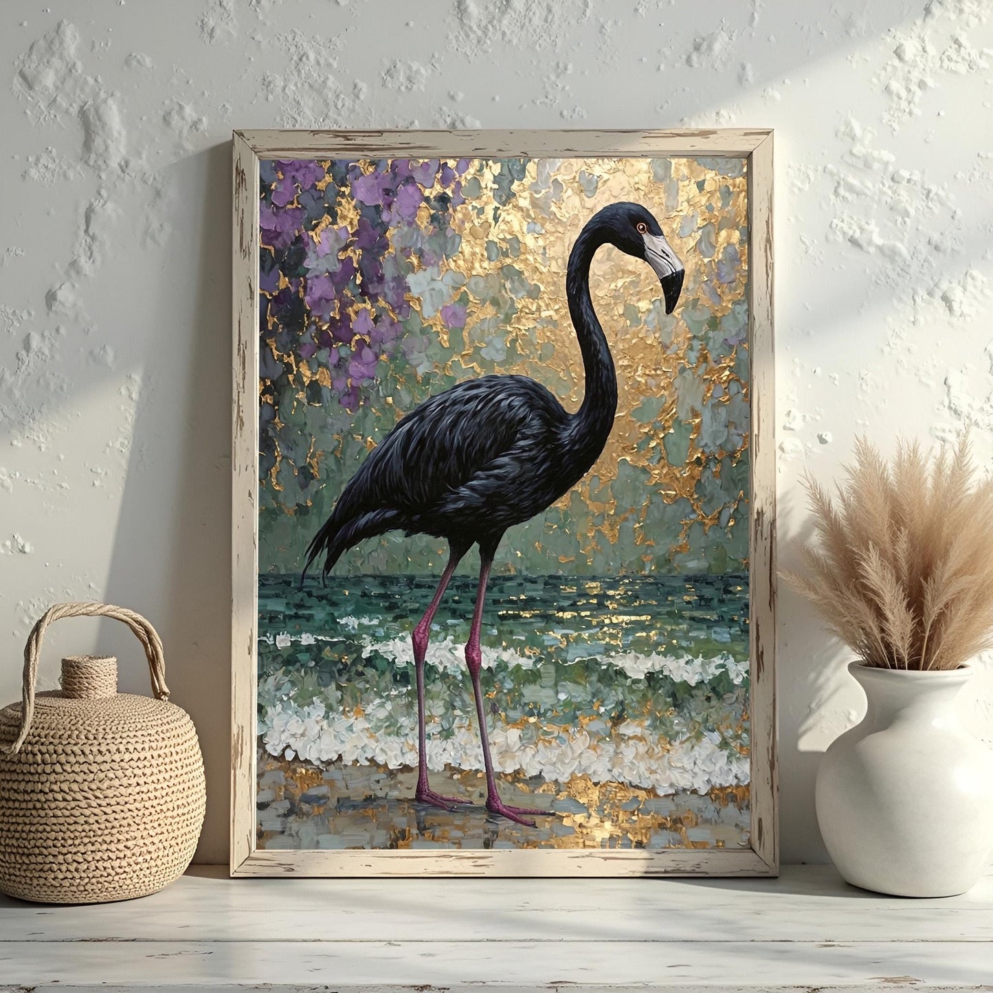 Black Flamingo Abstract Art Print: Purple, Green & Gold Tropical Decor