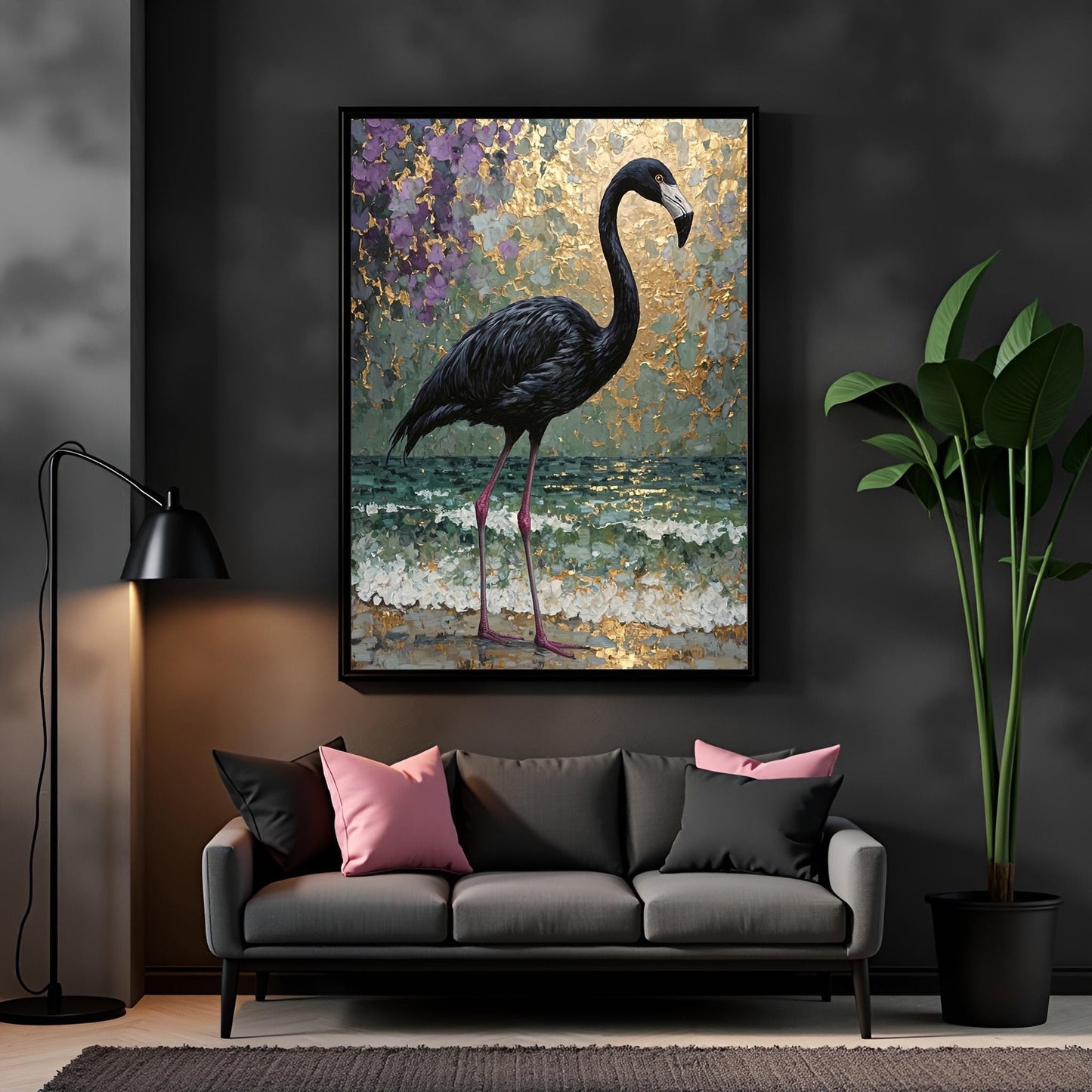 Black Flamingo Abstract Art Print: Purple, Green & Gold Tropical Decor