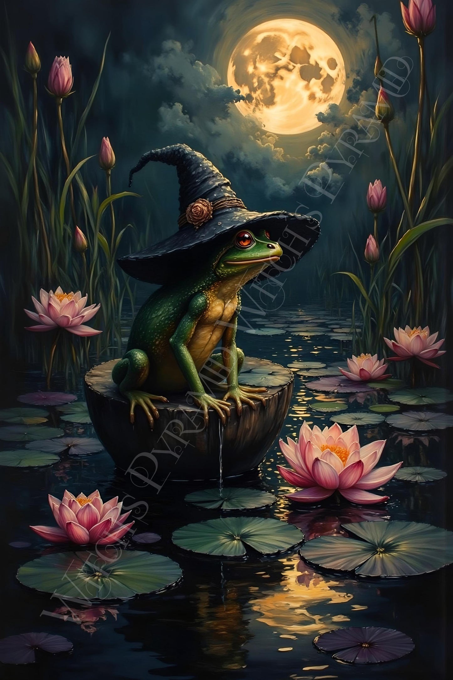 Witchy Frog Art Print: Moonlit Toad with Witch Hat