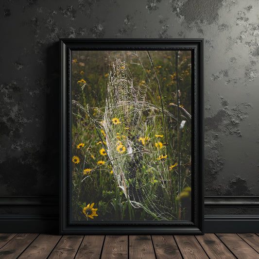 Dewy Spider Web Fine Art Print: Dark Botanical Nature Photography